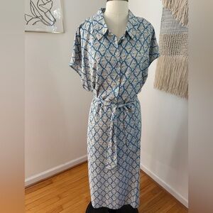 Lucky Brand Blue and Cream Leaf Print Dress